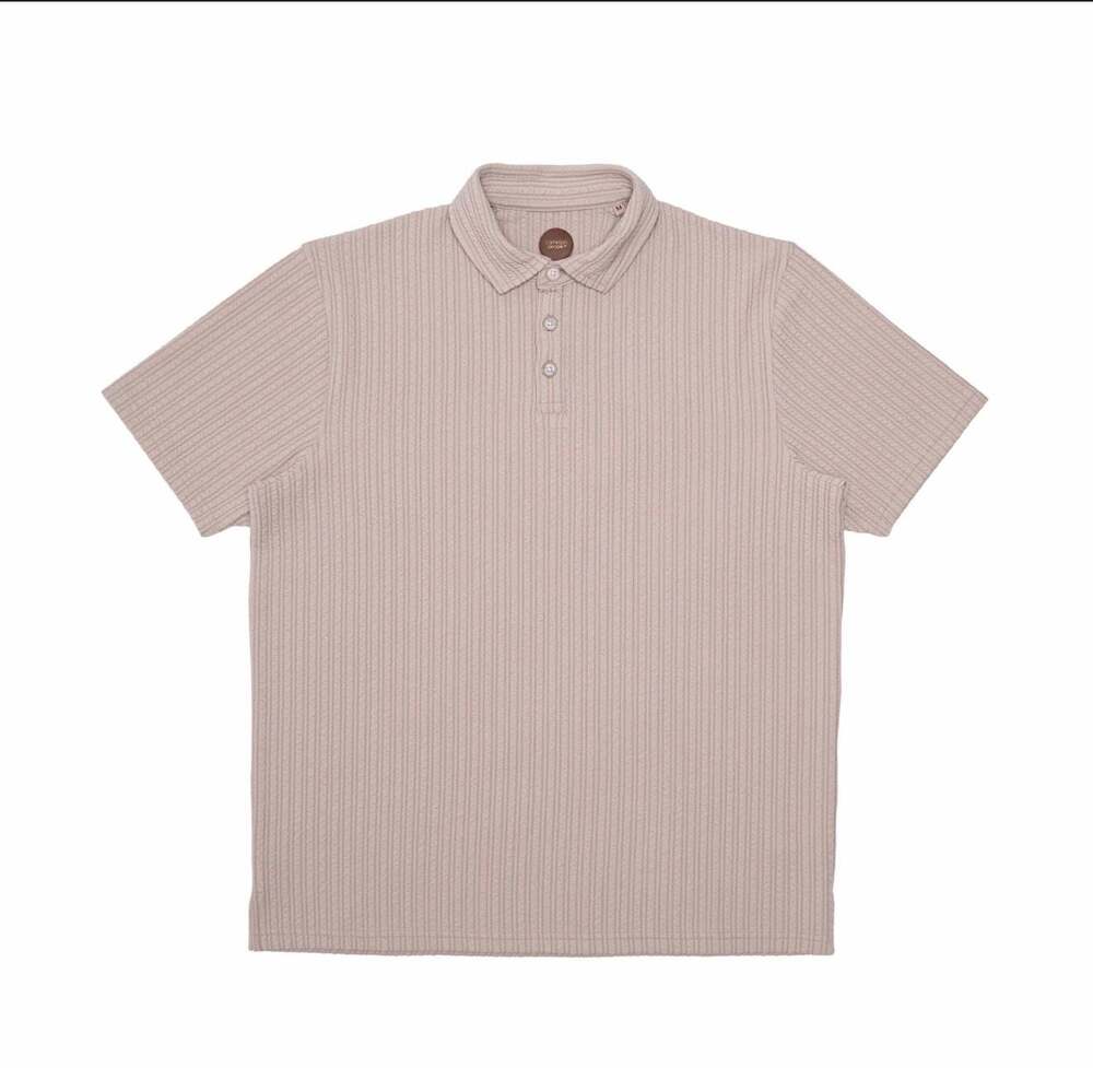 Common People Beige Raised Texture Vertical Stripe Knit Polo Shirt